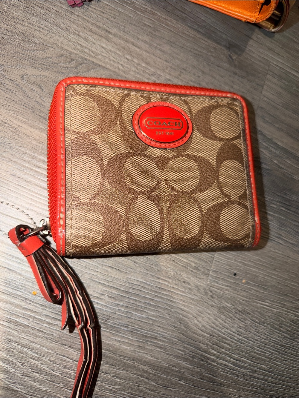 Coach Brown Signature Zip Wallet with Orange Trim